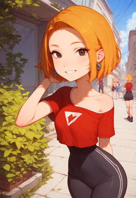 score_9,score_8,score_7,score_8_up,score_7_up,
(source cartoon), NSFW, girl, full body,
<lora:LorMcQuarrie_PXL_Leaf1:1> lormcquarrie, 1girl, solo, blonde hair, short hair, black eyes, red shirt, short sleeves, upper body, outdoors, looking at viewer,
narrow waist, slim, wide hips, short hair, earrings, perfect round breasts, eyelashes, smiling,
crop top, (miniskirt or leggings), tight clothing,
cleavage, shoulder slip, bare shoulders, narrow waist, wide hips, 
looking at viewer, outdoors, natural light, sunny, riverside,
<lora:Expressive_H:1> Expressiveh,
<lora:add-detail-xl:1>