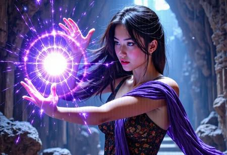 1younggirl, Masterpiece, 8k, ultra high detail, score_7 up, 
volumetric lighting, vivid colors, vibrant colors,  score_8_up, score_9,  very small breast size, very long open midnightblack hair with nightblue shiver,  fcNeg, stunning blue halfasian eyes, suntan skin, small nose, innocent beauty, slim face,  cute face, skinny body, perfect body, extreme detailed body, intence blue eyes,  perfect face, ultra high detailed face, perfect eyes, very petite, human ears, 
Innocent face, innocent beauty, 
Tan Poor Medieval fantasy clothes, ready to fight, 
using violett powerfull magic, magic violett lighting, highly concentrated, casting spell with both hands, 
Huge magical temple in background, fighting agains huge spider, surrounded by spider, spiderweb, 
Fighting agains monsters, using Powerfull magic, using attack magic, fighting scene, Final Attack, aura, magic, bright eyes,  BadDream, final magic attack, ultimate magic attack, energy aura, massive magic attack, 
Kamehameha-Charge,hands cupped together,bent elbows,arms on waist level, holding a glowing orb with massive energy vortex, massive intense magic vortex whirling around girl, mythp0rt, detailed hands,