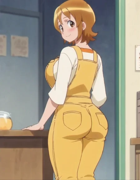 score_9, score_8_up, score_7_up, anime screencap, solo,1girl,omoriyuko, 1girl, solo, yellow overalls, smile, looking at viewer, standing, shirt, large breasts,wide hip,cowboy shot, blush,from behind,huge ass<lora:omoriyuko:0.8>