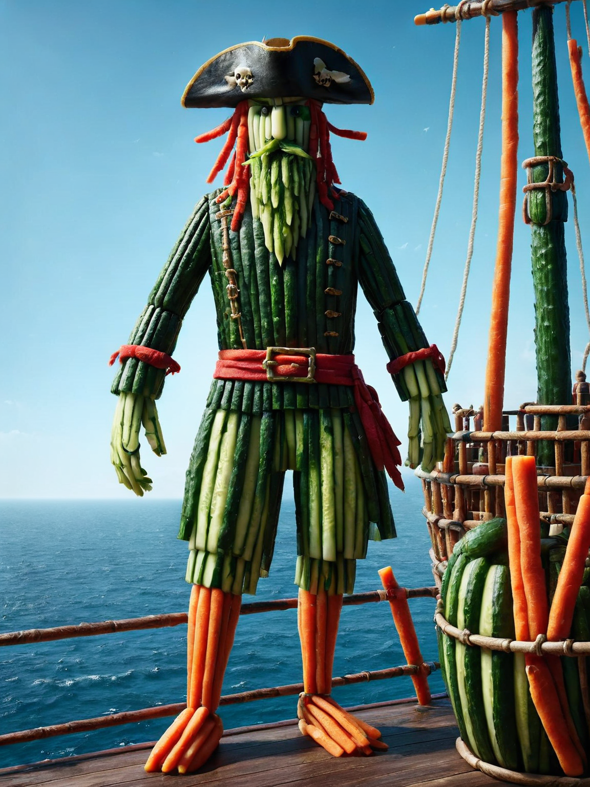 An adventurous ais-dipperz pirate standing on the deck of a ship, looking out to sea <lora:Dippers_Style_SDXL:1>