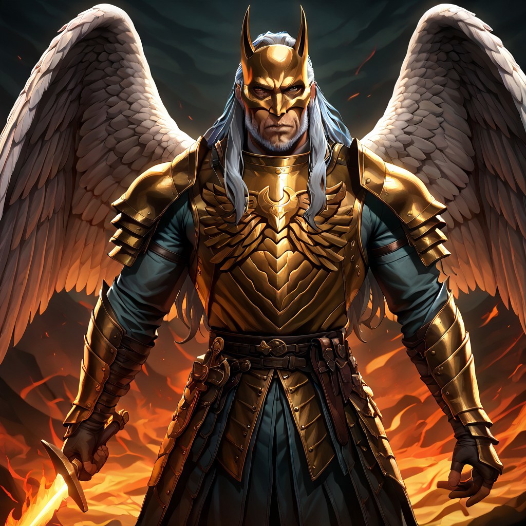 masterpiece, best quality, newest, absurdres, highres,  P3DV1.0, 1boy, angel, angel wings, beard, armor, manly, muscular male, mask, face mask, golden mask, grey hair, facial hair, feathered wings, 
sword, holding, holding sword, holding weapon, manly, muscular male, fire, fire sword, flame sword,