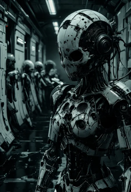 (Dark sci-fi horror corridor, stretching from left to right, with rows of deformed robots standing eerily like mannequins from Silent Hill. Each robot is slightly damaged, with missing parts and unsettling poses, while their bodies remain still, they have all turned their heads towards the viewer, staring intently, with pitch-black blood like tar flowing from their eyes, cracked or fractured heads and limbs, casting eerie shadows on the white, cracked walls and black marble floor. The atmosphere is haunting, with dim, cold lighting that enhances the sense of dread, creating a surreal, unnerving corridor scene. Rendered in hyper-realistic detail, the image is smooth and sharp, with every element captured with crystal-clear precision and lifelike clarity. highly detailed, ultra detailed), <lora: - Flux1 - vanta_black_V1.0:0.5>, <lora:ck-nc-pastel-cyberpunk:0.6>, <lora:Neon_Noir_FLUX:0.5>, <lora:scifi-robot-flux:0.7>, <lora:HORROR_lora.TA_trained:0.85>