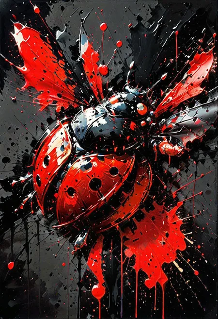 dynamink ladybug metallic red ink on a solid black background, expressive, <lora:dynamink:1>,