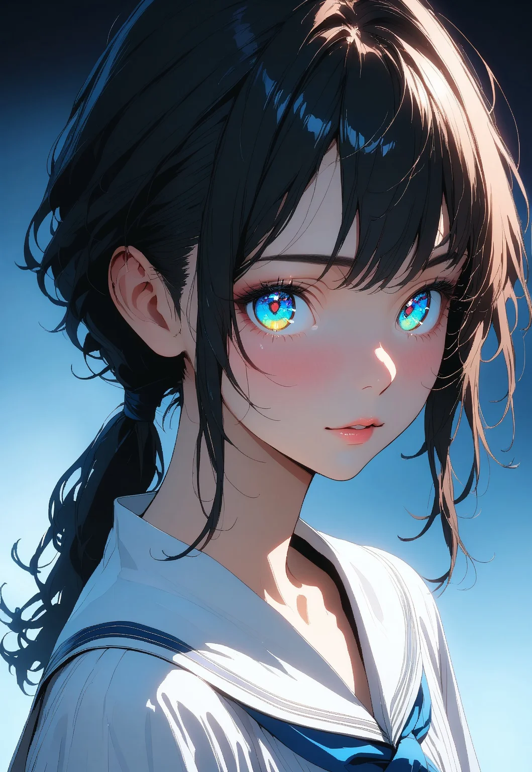 (masterpiece, very aesthetic:1.4), ultra-detailed, best quality, incredibly absurdres, Accurate,
minimalistic, cinematic, (lineart:1.2), (soft lighting:1.2), silver theme, blue sheen, portrait, upper body,
simple background,
BREAK
a young adult, college age, (flat chest, mature body:1.3), white pearl skin,
(small face), Fine-boned face, beautiful detailed face,
BREAK
(black hair with blue tint), asymmetrical cut, short low ponytail, nape, long sidelocks, (shiny glossy hair:1.2),
BREAK
aqua eyes, (eyes with shifting iridescent colors), slant eyes, glass-like eyes are blurry and dreamy, (beautiful detailed eyes:1.3), growing eyes, long delicate eyelashes, Meticulous Eyelash Details,
BREAK
(white sailor dress:1.2), short sleeve, indigo ribbon tie,
thin leather belt,
(gorgeous lips:0.7),
(light smile:0.7), close mouse,