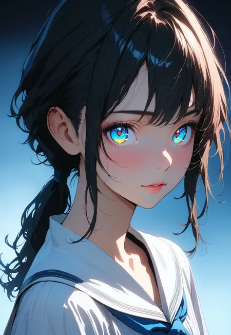 (masterpiece, very aesthetic:1.4), ultra-detailed, best quality, incredibly absurdres, Accurate,
minimalistic, cinematic, (lineart:1.2), (soft lighting:1.2), silver theme, blue sheen, portrait, upper body,
simple background,
BREAK
a young adult, college age, (flat chest, mature body:1.3), white pearl skin,
(small face), Fine-boned face, beautiful detailed face,
BREAK
(black hair with blue tint), asymmetrical cut, short low ponytail, nape, long sidelocks, (shiny glossy hair:1.2),
BREAK
aqua eyes, (eyes with shifting iridescent colors), slant eyes, glass-like eyes are blurry and dreamy, (beautiful detailed eyes:1.3), growing eyes, long delicate eyelashes, Meticulous Eyelash Details,
BREAK
(white sailor dress:1.2), short sleeve, indigo ribbon tie,
thin leather belt,
(gorgeous lips:0.7),
(light smile:0.7), close mouse,