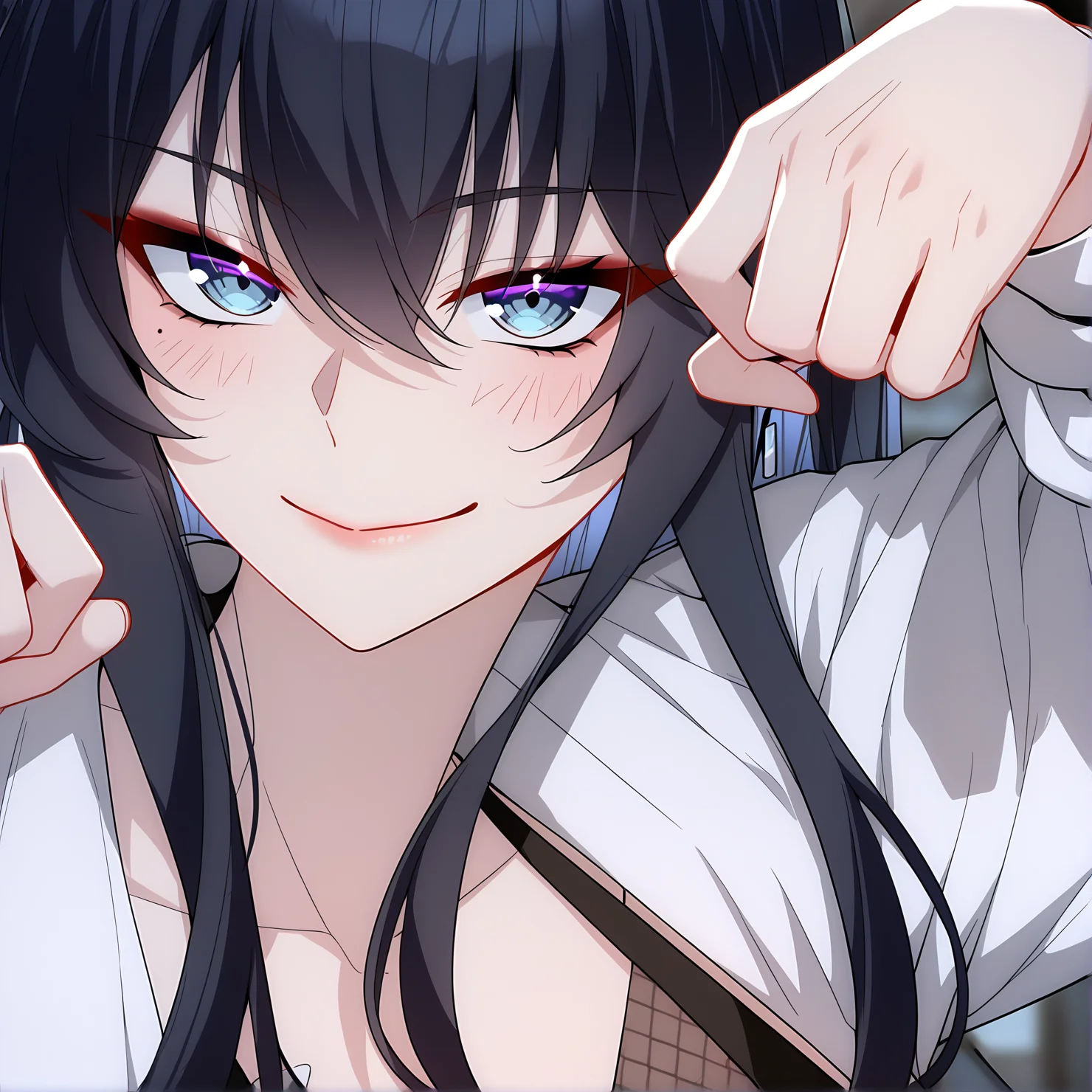 masterpiece,best quality,newest,absurdres,highres,safe,<lora:noobai_ep11_stabilizer_v0.138_fp16:1>,1girl,black hair,wei_nan,<lora:wei6:1>,wei_nan,portrait,detailed eyes,seductive_smile,paw pose,