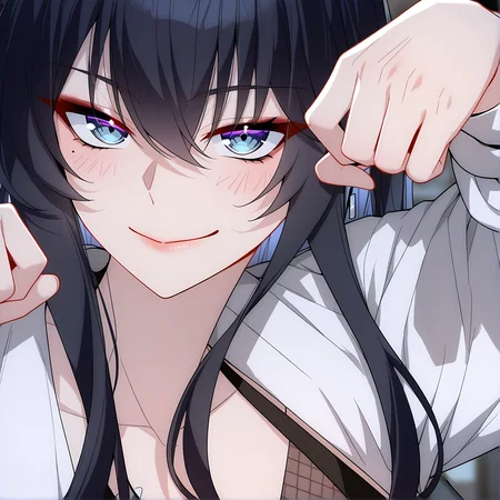 masterpiece,best quality,newest,absurdres,highres,safe,<lora:noobai_ep11_stabilizer_v0.138_fp16:1>,1girl,black hair,wei_nan,<lora:wei6:1>,wei_nan,portrait,detailed eyes,seductive_smile,paw pose,