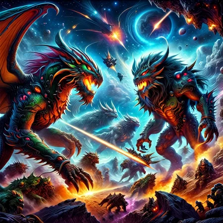 galactic space battle between monstrous cosmic beasts 1980s fantasy style, Masterpiece realistic, best high quality, perfect details, intricate details, nice lighting, detailed background,<lora:1980s_Fantasy_Style_SDXL:1.0>