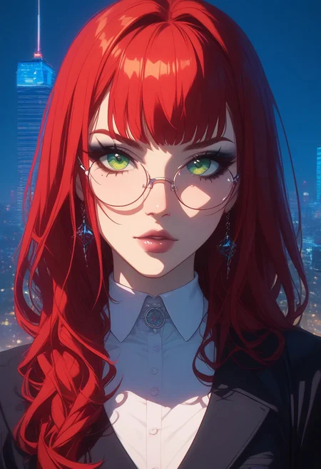 score_9,score_8_up,score_7_up,score_6_up,score_5_up,score_4_up, digital art, female portrait, semi-realistic, 3D illustration, GLSHS, high-resolution, 1girl, solo, partially covered in shadow, pastel colors. city skyline in window, glass office background, night, goth girl, red hair. close-up, wearing a suit, pretty girl with long hair, tied hair, wearing round glasses, green eyes, lips, makeup, looking at viewer,
