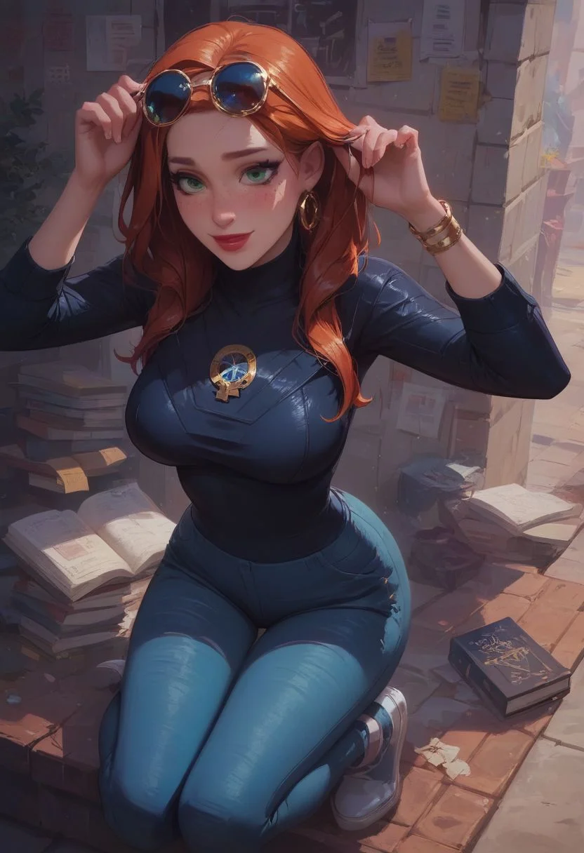 score_9, score_8_up, score_8, score_9, solo,1girl, 18 year old undressing, score_9, score_8_up, score_8_up, sexy Atom Eve, green eyes, sexy, Redhead, highly detailed face, (small hips), blush, kawaii, freckles, skintight jeans, round breast, Big breasts, neckline,
hands on the back, source comic book, high res image, masterpiece, eyeliner, mascara, highleg socks, hair accessories, detailed background, street, detailed eyes, lipstick, red lipstick, white shoes, golden bracelets, golden earrings, sunglasses on head,,} showing lots of skin, very little clothes, submissive look on face, happy look, very sexy, very cute, long legs,shiny skin, eye contact, sexy smile,