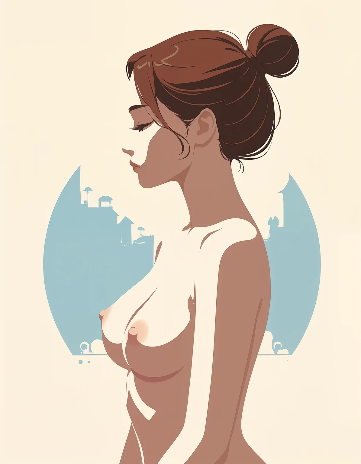 minimalistic, flat color, no lineart, 1girl, side view, silhouette, hair bun, perfect body, nude, naked, hard nipple, simple colorful background