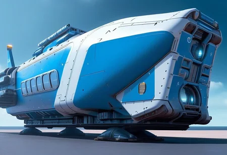 sci-fi, Futuristic, aJed-Rst, Rusty spaceport, (((beautiful, hyper realistic, high quality, highly detailed))), sleek blue neotech spacecraft (freighter), tarmac,