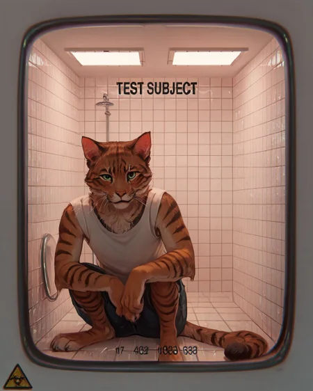 <lora:testchamberV2:0.8> testchamber, clean, glass wall with text "TEST SUBJECT", a cat sitting on the ground, tiles, score_9, score_8_up, score_7_up, score_6_up, score_5_up, score_4_up, ponypositive,