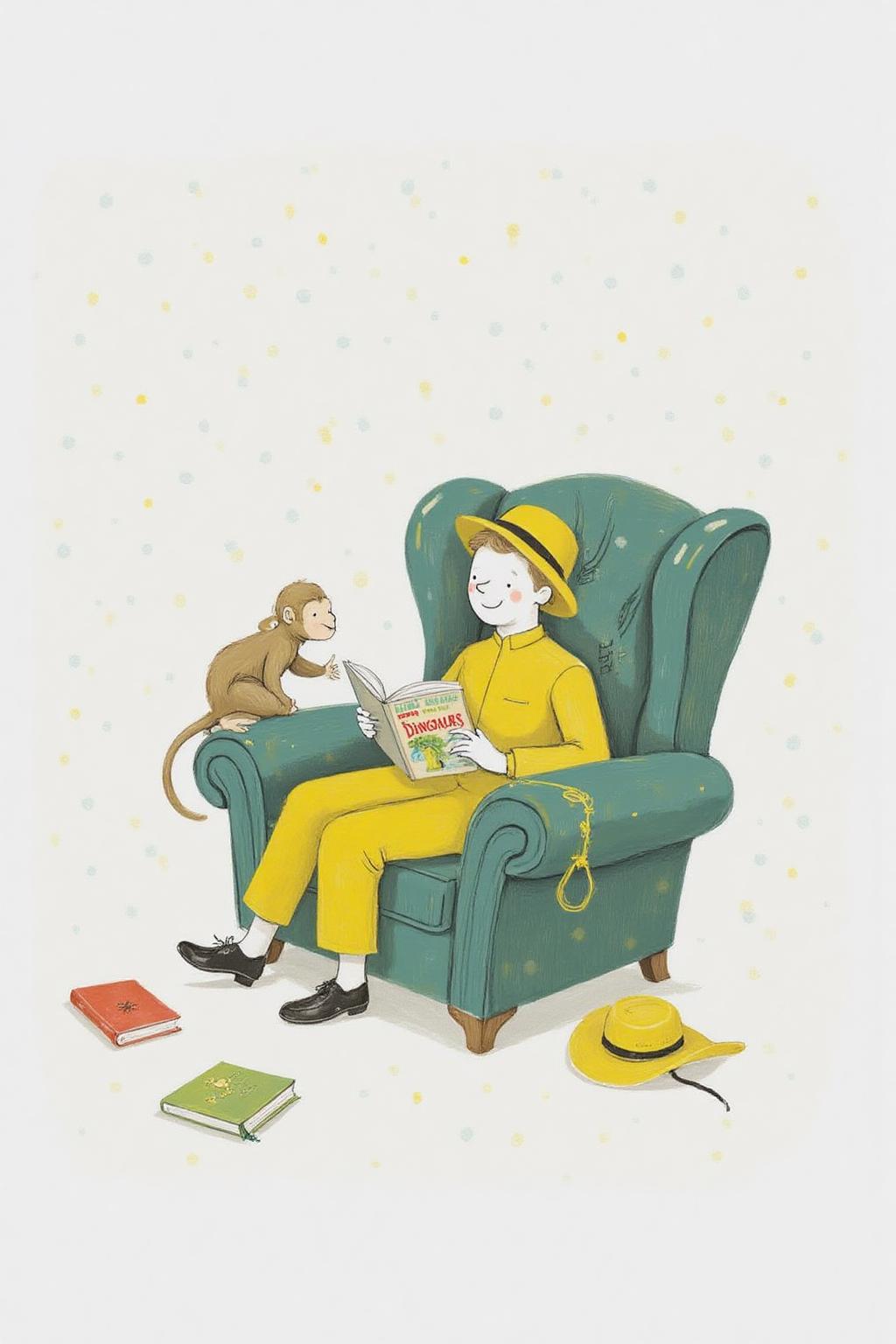 al1ca illustration. A man sitting in a deep green, plush armchair with a high back and rounded arms. The man is dressed in a bright yellow outfit, including a yellow shirt with a high collar and matching pants, and a yellow hat with a wide brim. He is sitting comfortably, reading a book titled "Dinosaurs" to a small monkey perched on his lap. There are two books lying on the floor. A yellow hat is hanging off the sofa. <lora:al1ca1_cap_d6a3e11:1.0><lora:828066937582912591:0>