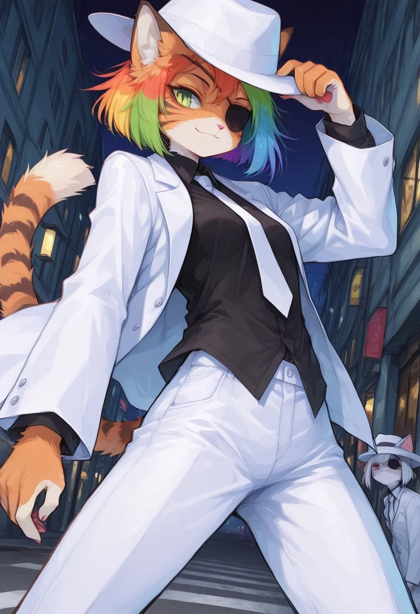 score_9, score_8_up, score_7_up, masterpiece, best quality, high quality, sharp lines, solo, luminescent background, 1girl, furry, fur, fur covered,
BREAK, anthro, skinny, petite body, small breasts, domestic cat, furry female, green eyes, orange fur, white belly, short haircut, rainbow hair, green eyes, white jacket, white pants, white fedora, black shirt, white tie, eye patch, small smile, determined, hand on hat, dynamic pose, night street, under street light, detailed background, close up, colorful