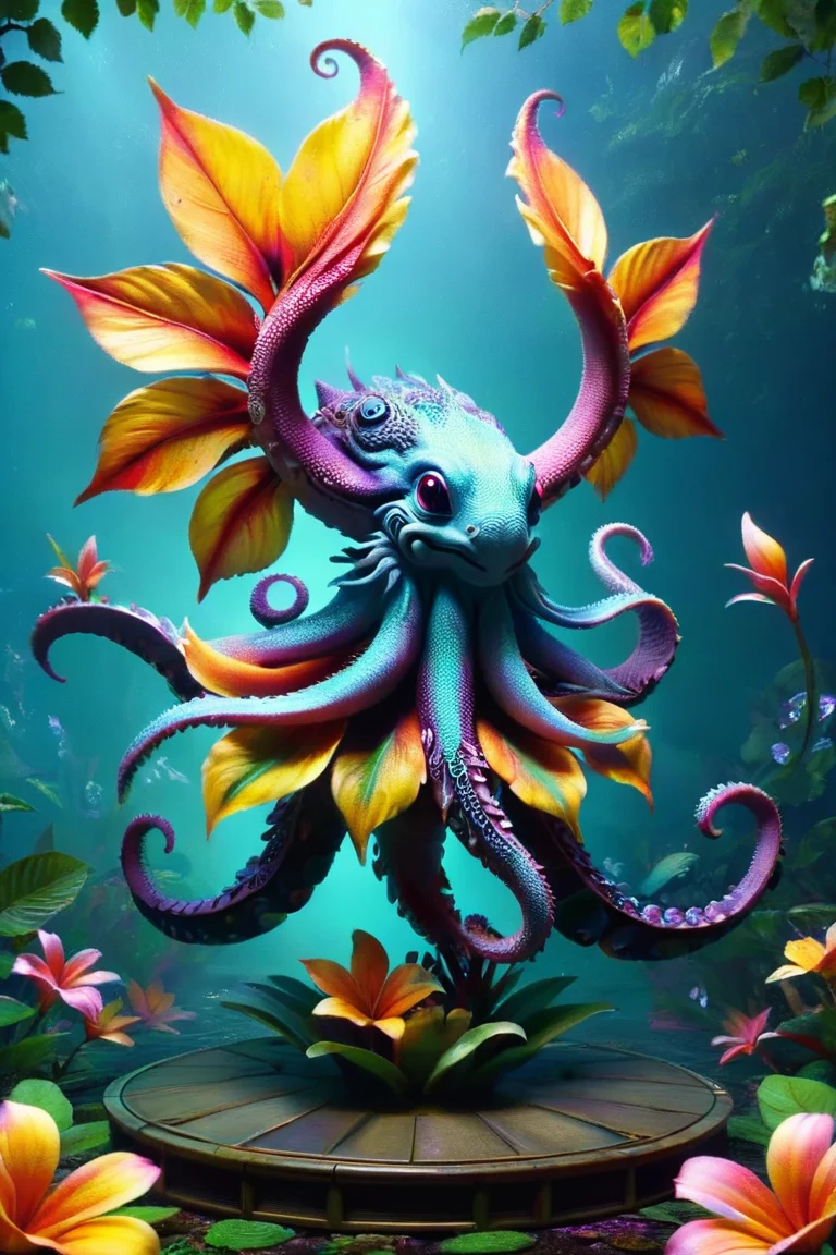 illustrious, Darling, kraken hatchling made of ral-glydch and rlyehstyleai, dancing on leaves and flower petals, whimsical, intricate details, colorful, magical, realism, hyperrealistic, <lora:ral-glydch-sdxl:0.8> <lora:RLyehStyleAIp:0.8>
