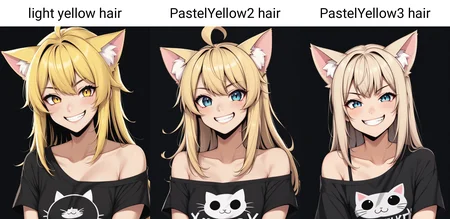 1girl, cute, cat ears, toothy grin, t-shirt, off-shoulder, light yellow hair, black background