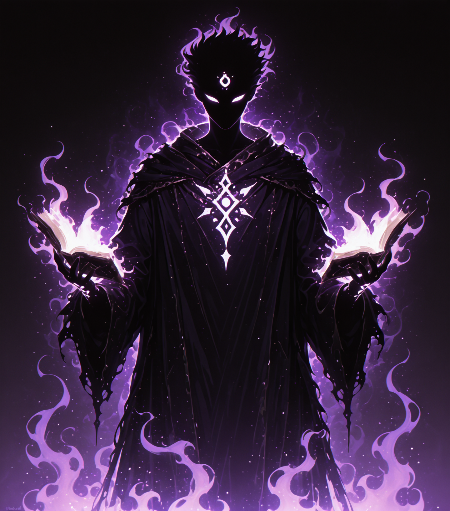 <lora:Shadows_v2_Buns:0.65> sh4d0w, purple aura, glowing, solo, Summoner, wearing Robes with arcane markings, holding enchanted book, elemental spirits, masterpiece, best quality, amazing quality
