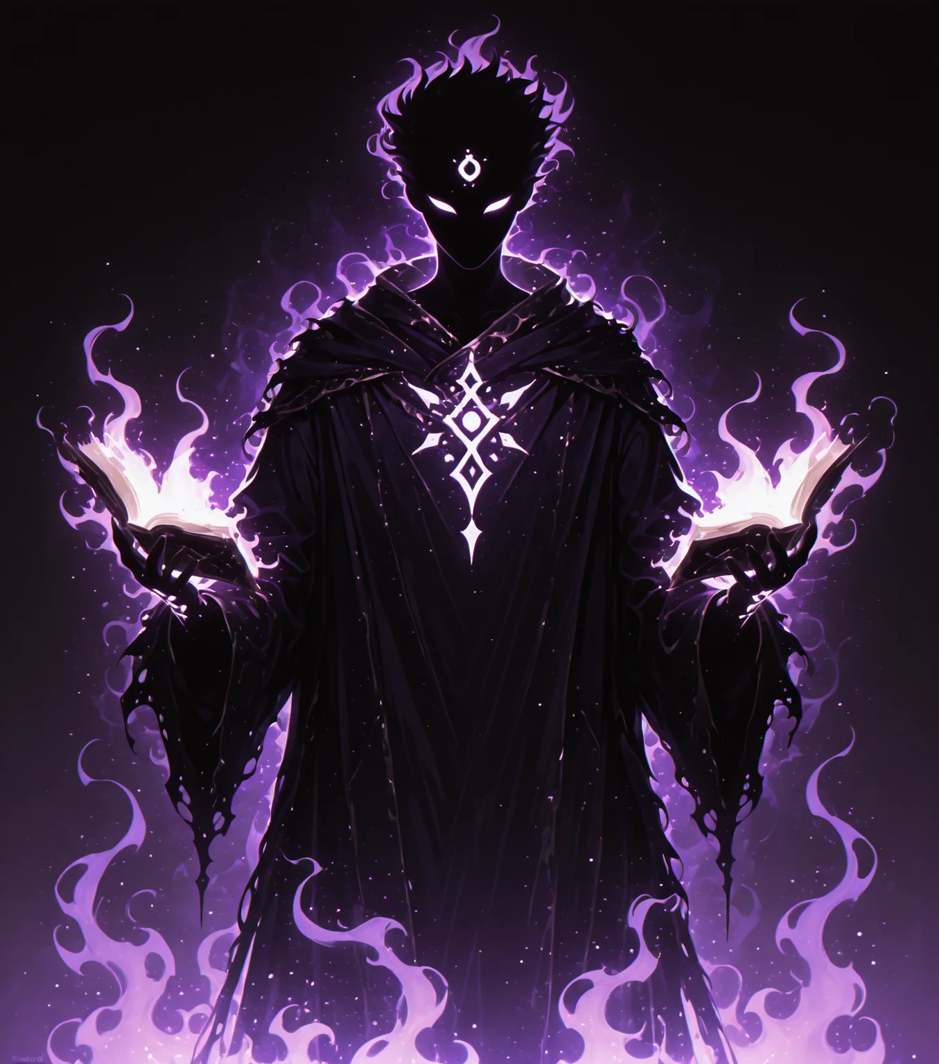 <lora:Shadows_v2_Buns:0.65> sh4d0w, purple aura, glowing, solo, Summoner, wearing Robes with arcane markings, holding enchanted book, elemental spirits, masterpiece, best quality, amazing quality