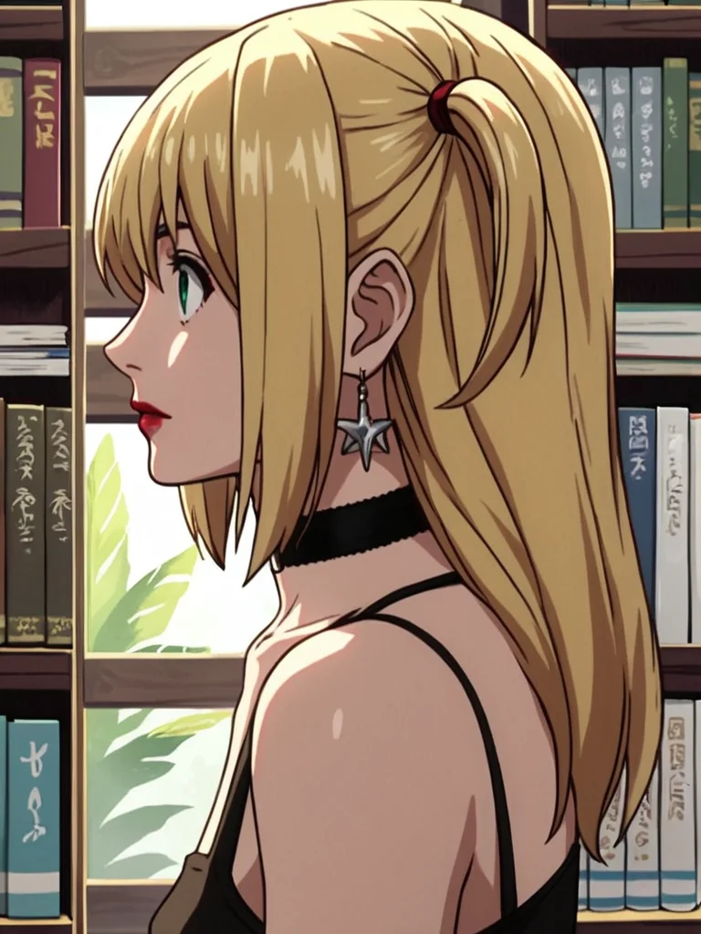 score_9, score_8_up, score_7_up, misa amane, a woman with blonde hair and blue eyes looking at a book shelf, 1girl, solo, jewelry, green eyes, earrings, choker, profile, makeup, lipstick, <lora:deathnote_pony_v1:0.95>