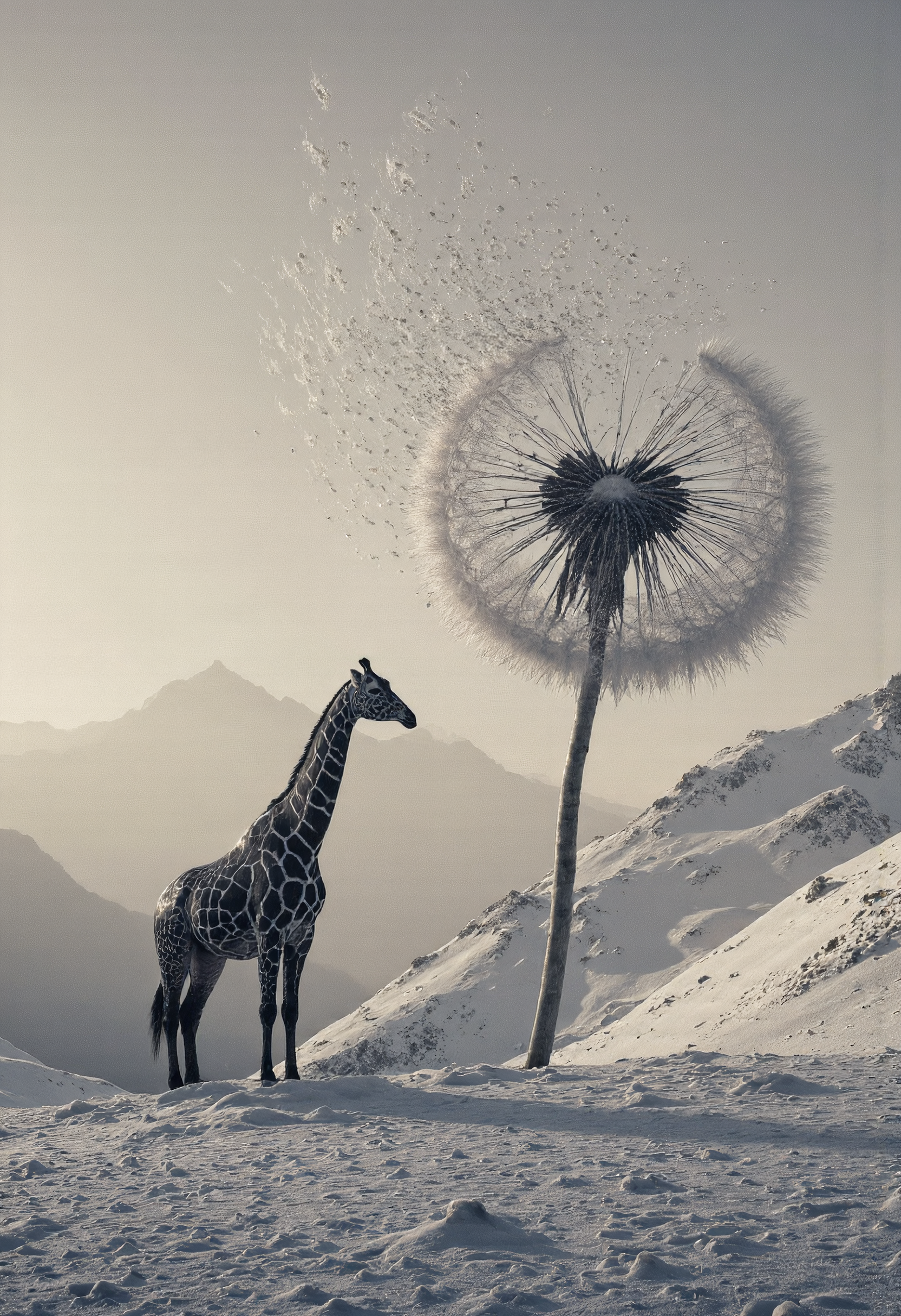 Amazing landscape, golden hour.  On a very windy and snowy day, a ultra realistic gigantic dandelion, in full bloom, dominates the mid-ground with some of its leaves coming loose and flying away in the strong wind.  Its fluffy head stretches across the upper portion, a stark contrast to the central figure. An gigantic black and white giraffe the same size as the dandelion, stands on a snow-covered hillside.  The giraffe's posture is contemplative, observing the dandelion, with a focused expression. The falling snow is very visible.  The snow-capped peaks form a gently sloping hill, with a soft texture and a subtle gradient of greyscale. The light suggests a snowy day, casting a serene atmosphere. The composition is a very low view centered and balanced, with the giraffe acting as a focal point.  The dandelion and the landscape blend seamlessly, creating a sense of isolation and vastness, suggesting space exploration and discovery.  Monochromatic color palette, with shades of white, gray, and black, creating a timeless and dramatic aesthetic.  A majestic and surreal scene, evoking a sense of wonder and the vastness of space and nature.  A panoramic wide shot captures the full landscape.  Photographic style.
