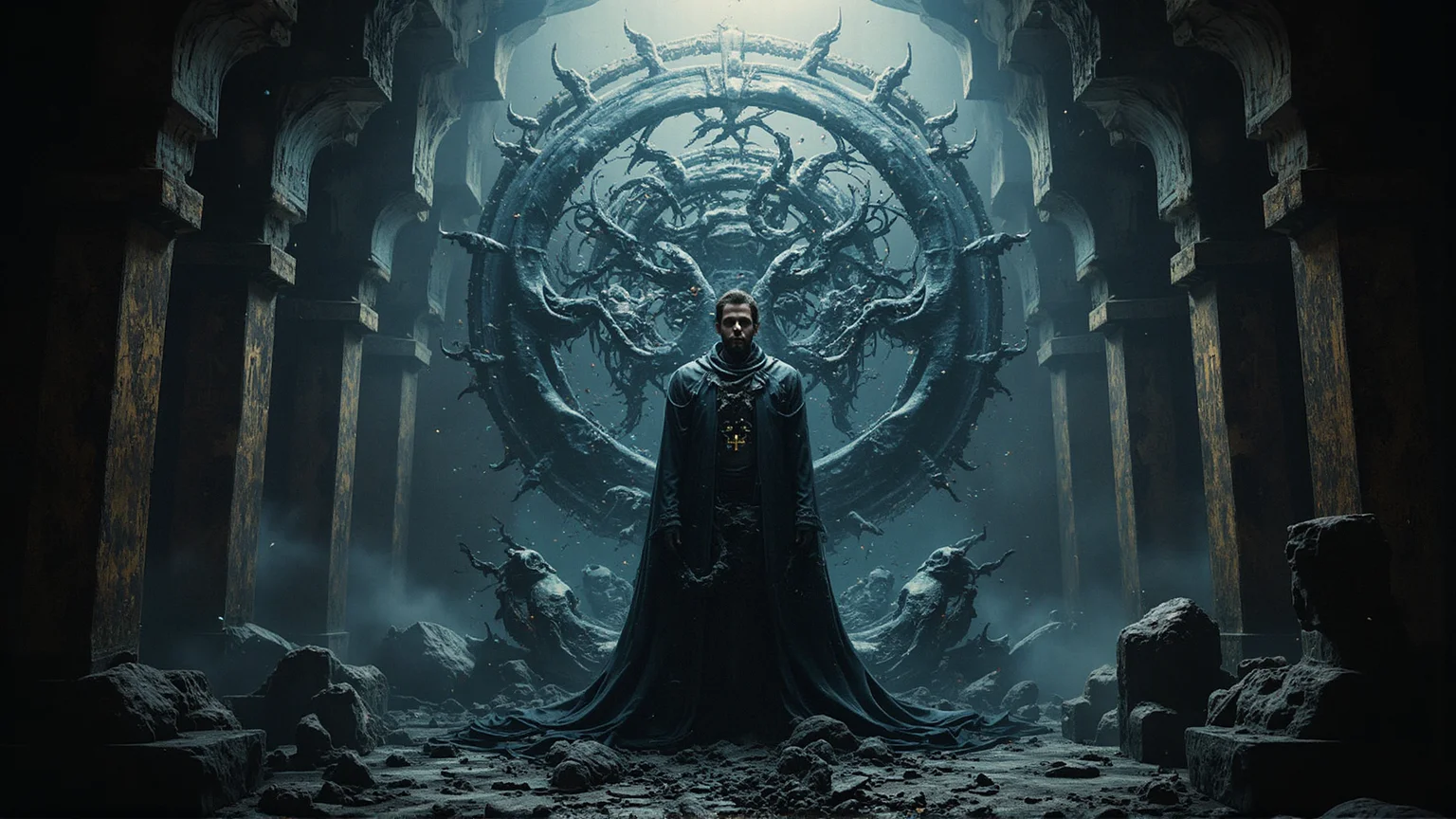 In a dimly lit cave, an emperor's crest implodes, surrounded by swirling vortexes of ink-like tendrils. The once-proud emblem now dissolves into a sea of darkness, as if consumed by its own despair. A single spotlight shines from above, casting an eerie glow upon the destruction. The emperor himself stands at the center of this chaos, his face contorted in anguish as he gazes to the left, away from the devastation. His eyes seem sunken, weighed down by the crushing weight of defeat. His regal attire lies tattered and stained, reflecting the turmoil, <lora:Flux_Turbo_Alpha.safetensors:1.0> <lora:Space-flux.safetensors:0.5> noc-space, space background <lora:aidmaImageUprader-FLUX-v0.3.safetensors:0.4> aidmaimageupgrader