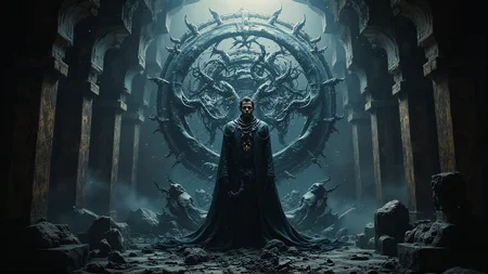 In a dimly lit cave, an emperor's crest implodes, surrounded by swirling vortexes of ink-like tendrils. The once-proud emblem now dissolves into a sea of darkness, as if consumed by its own despair. A single spotlight shines from above, casting an eerie glow upon the destruction. The emperor himself stands at the center of this chaos, his face contorted in anguish as he gazes to the left, away from the devastation. His eyes seem sunken, weighed down by the crushing weight of defeat. His regal attire lies tattered and stained, reflecting the turmoil, <lora:Flux_Turbo_Alpha.safetensors:1.0> <lora:Space-flux.safetensors:0.5> noc-space, space background <lora:aidmaImageUprader-FLUX-v0.3.safetensors:0.4> aidmaimageupgrader