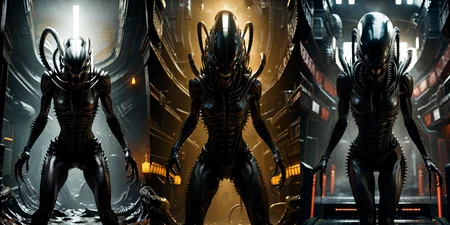 (otherworldly), highly insanely detailed, masterpiece, top quality, best quality, highres, 4k, 8k, RAW photo, (very aesthetic, beautiful and aesthetic), 
__lazy-wildcards/cosplay-char/alien-predator/xenomorph/prompts__, 
<lora:FemXeno:0.8>, 
(1girl:1.3), eyes focus, 
__lazy-wildcards/dataset/background__,âââ