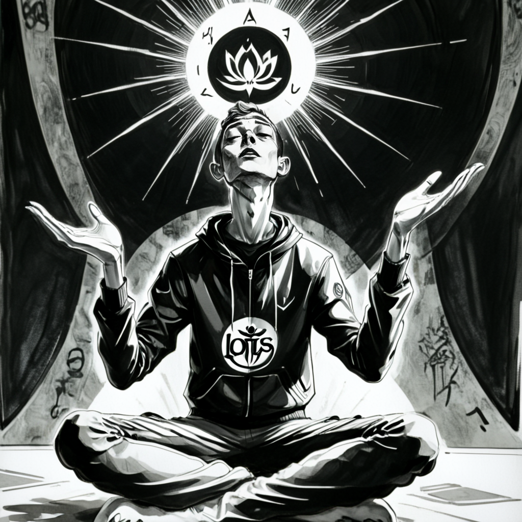 <lora:Monochrome_Graphic_EtchingSDXL:1> ArsMJStyle, Monochrome Graphic Etching, The image shows a man sitting in a lotus position with his hands outstretched wearing a black and white outfit. His face is clearly visible with a human expression., monochrome, solo, 1boy, sitting, greyscale, male focus, pants, long sleeves, hands up, jacket