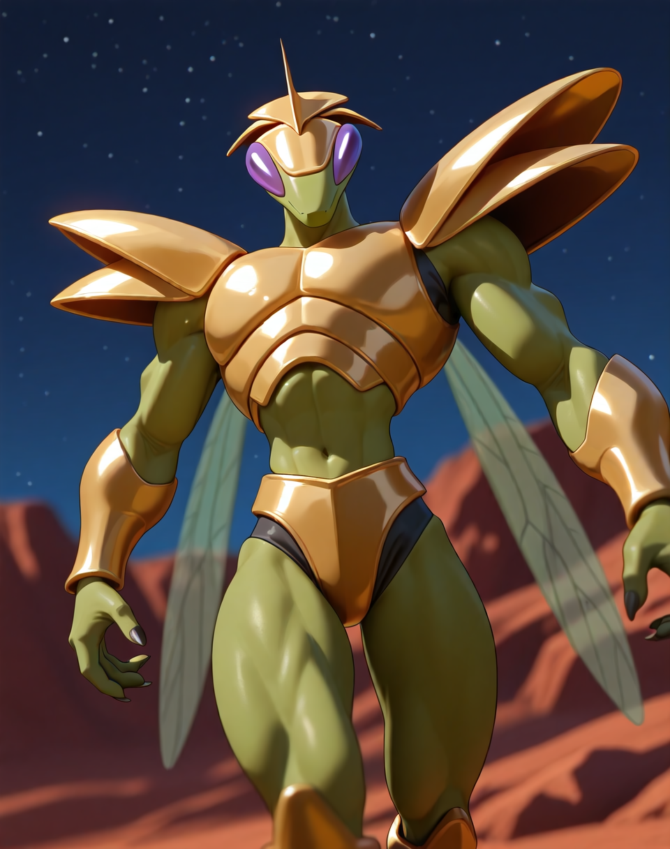 <lora:Hyper_Katris_(Shinzo)_(Illustrious)_(AD):1> Hyper Katris, mantis, Shinzo, 
((
exterior, anime night sky, anime mountains, bent leg, cowboy shot, 
dynamic action, insect anthro, male focus, strong warrior, manly, bounty hunter villain, gold armor, manly, masculine, 
)),
BREAK: very awe, aesthetically pleasing, masterpiece, best quality, amazing quality, very aesthetic, perfect depth of field shot, gradient coloring, subsurface reflections, 3d rendering, photographic realism, bare legs, green legs, source_furry, furry_art, 
masterpiece, best quality, amazing quality, very aesthetic, high resolution, ultra-detailed, absurdres, newest, scenery, {Prompt}, BREAK, detailed background, volumetric lighting,
BREAK: lazympos, lazypos (3),