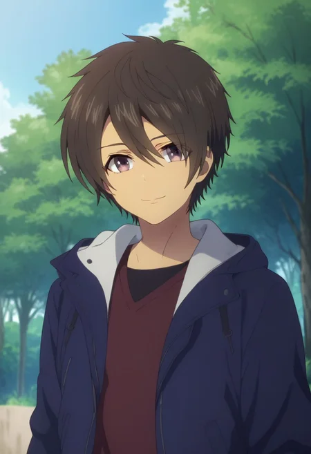 score_9, score_8_up, score_7_up, source_anime, highly detailed,
tsumugu, 1boy, male focus, solo, jacket, outdoors, hood, hair between eyes, red shirt, looking at viewer, upper body, tree, shirt, black eyes, dark brown hair, smile,
outdoor,