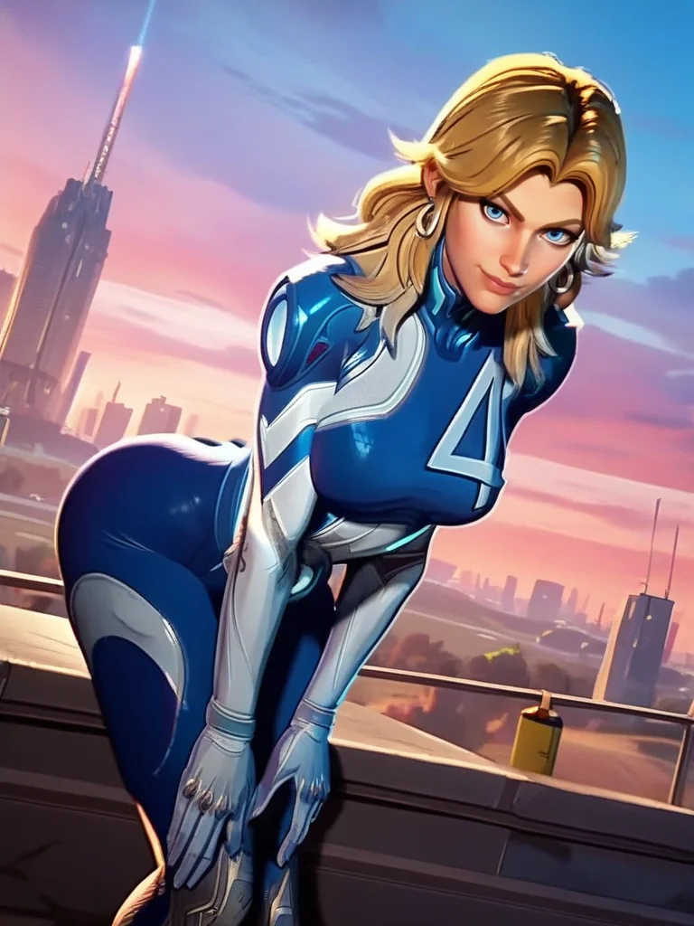 score_9, score_8_up, score_7_up, 1girl, dynamic pose, cowboy shot, looking at viewer, sexy pose, sexually suggestive, smile, dutch angle, city, detailed landscape,, arms between legs, leaning forward, energy around,
<lora:ASueStorm_character:0.85>, SueStormXL, blonde hair, blue eyes, earrings, bodysuit, gloves, (screencap:1.1)
