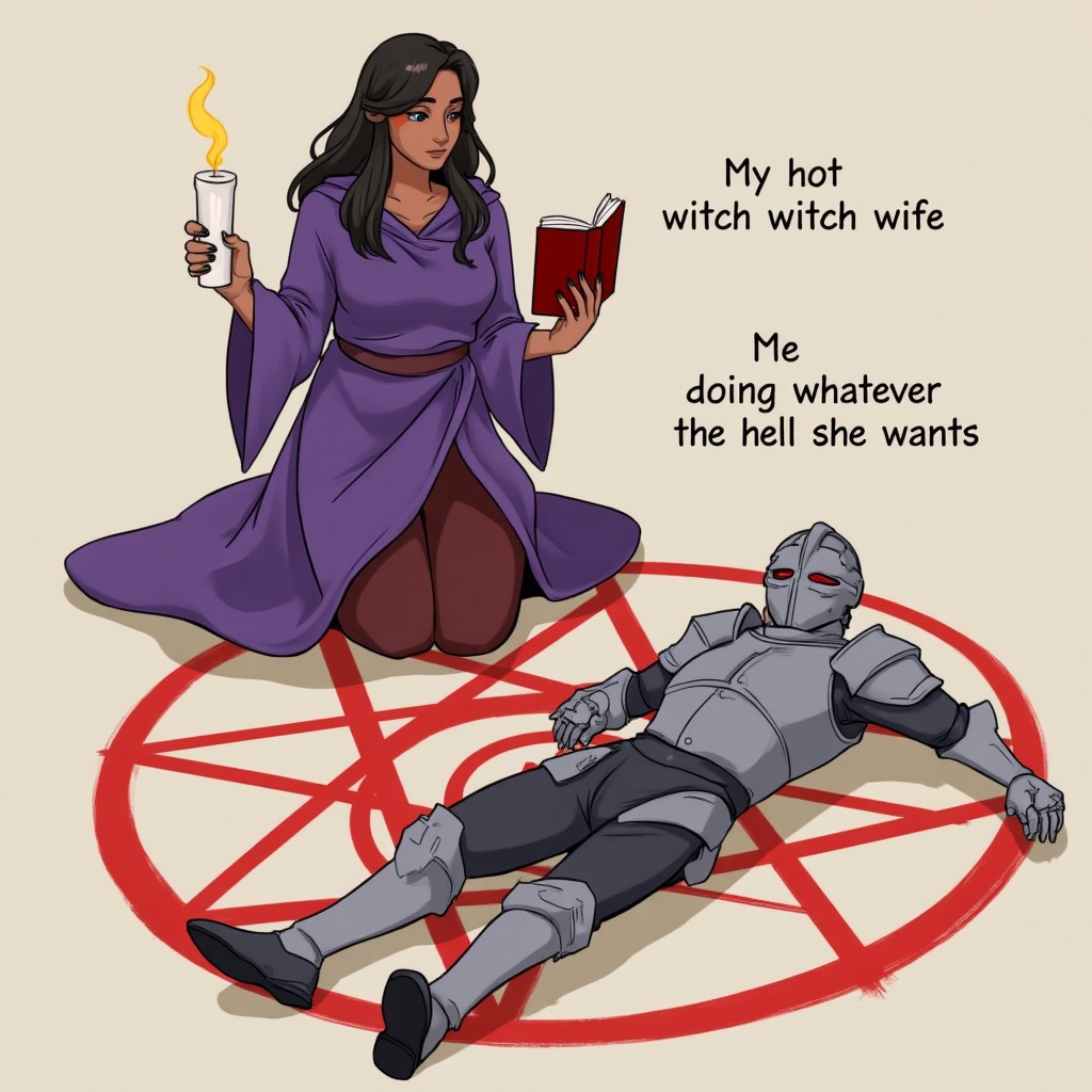 Digital illustration of MHWW-V1.0 scene, featuring two characters, one is knelling and holding a spellbook, near this character there is a text "my hot witch wife", the second character featured in the scene lies in the magical circle and has a text "Me doing whatever the hell she wants", the character holding the book is a dark skinned female with purple robe, and the character in the middle of the circle is full armored knight