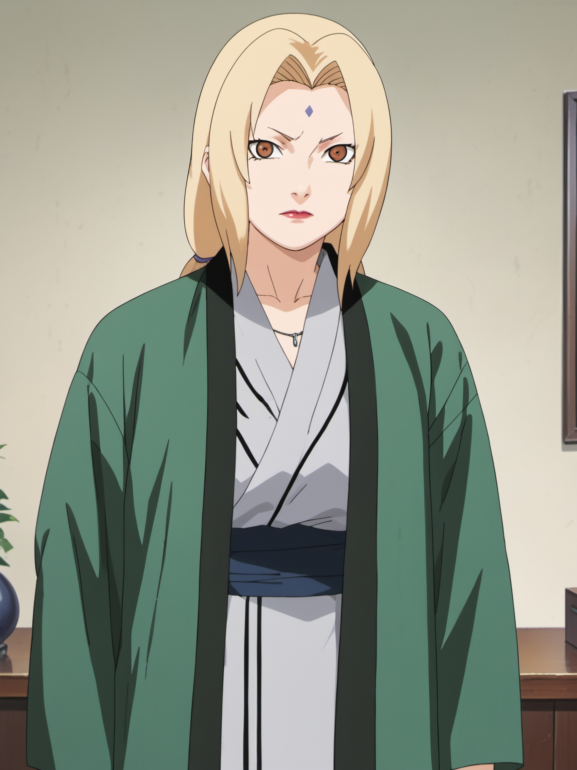 naruto style, hard shadows, anime_screencap, anime_core, score_9, score_8_up, score_7_up, solo, <lora:tsunade_train_v5:0.9>, woman,tsunade,brown eyes,uper body,sunade's green Jacket \(outfit\), front hand ,red nails,indoors, looking at viewer,  front view