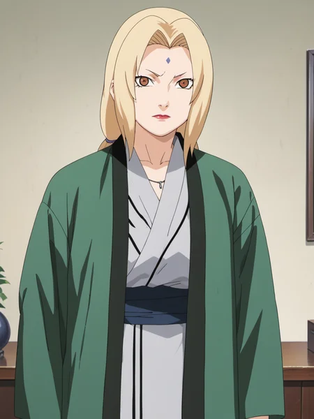 naruto style, hard shadows, anime_screencap, anime_core, score_9, score_8_up, score_7_up, solo, <lora:tsunade_train_v5:0.9>, woman,tsunade,brown eyes,uper body,sunade's green Jacket \(outfit\), front hand ,red nails,indoors, looking at viewer, front view