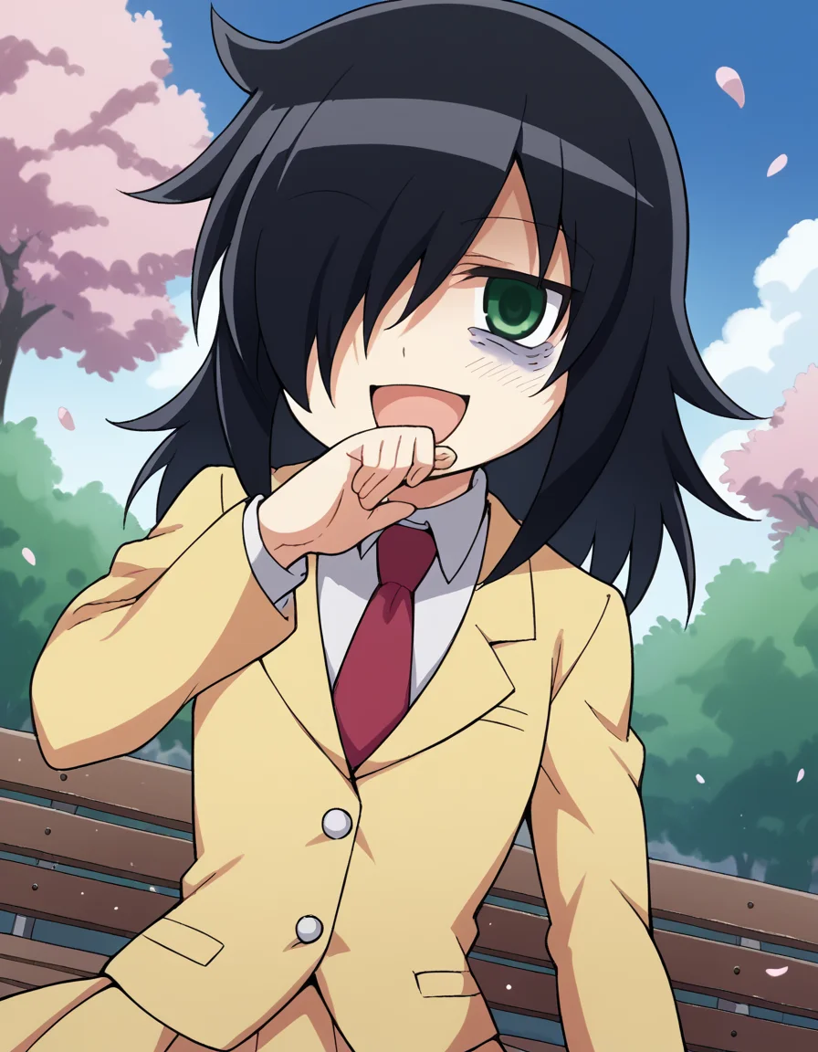 score_9, score_8_up, score_7_up, source_anime, <lora:tomoko-kuroki-s1-ponyxl-lora-nochekaiser:1>, tomoko kuroki, long hair, black hair, green eyes, hair over one eye, bags under eyes,, skirt, school uniform, necktie, blazer,, park, cherry blossoms, bench, gentle breeze, peaceful, running, open mouth, , <lora:ojou-sama-pose-ponyxl-lora-nochekaiser:1>, ojou-sama pose, laughing, smug, hand to own mouth, open mouth,, looking at viewer, solo,, dutch angle, cowboy shot