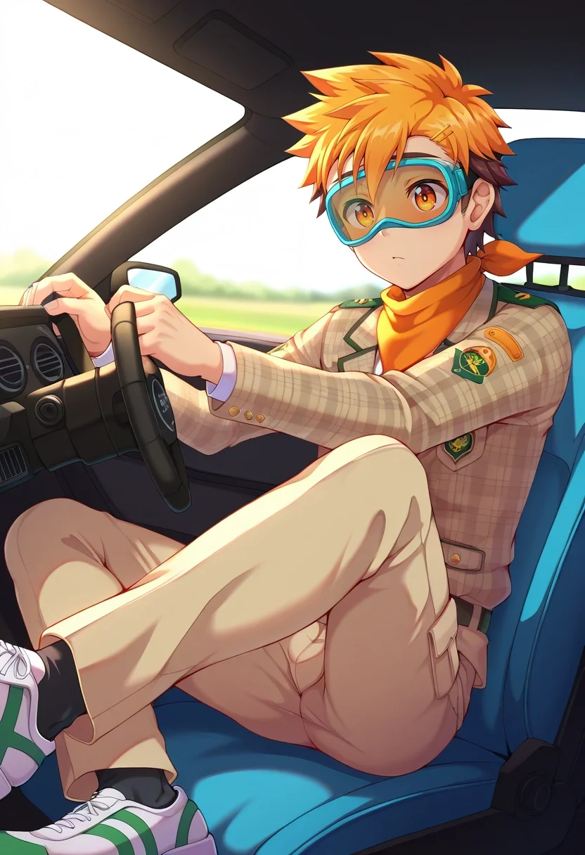 masterpiece, best quality, , , , , 1boy, solo, male focus, <lora:hiro_akiba_ilxl:0.94>, hiro_akiba, orange hair, orange eyes, short hair, multicolored hair, brown hair, uniform, , Khaki pants, Polyester Lavender Plaid blazer, Driving shoes, Headscarf, Diving Mask