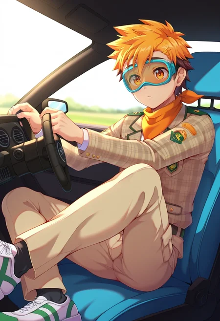 masterpiece, best quality, , , , , 1boy, solo, male focus, <lora:hiro_akiba_ilxl:0.94>, hiro_akiba, orange hair, orange eyes, short hair, multicolored hair, brown hair, uniform, , Khaki pants, Polyester Lavender Plaid blazer, Driving shoes, Headscarf, Diving Mask
