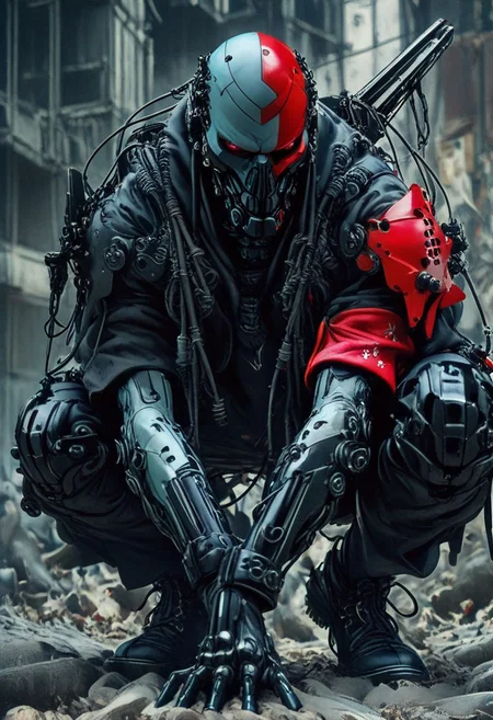a neon red carbon soldier at night, edgy enough for a metal album cover, dynamic,  <lora:- iLL - the_edgy_mech_V2.0-step000013500:0.4>, <lora:- iLL - master_of_slob_omnom_V1.0-step00011500:.8>    <lora:noobai_vpred_1_blending_v1:0.8>  <lora:Far_Future_Sketch_Illustrious__Pony:0.8>