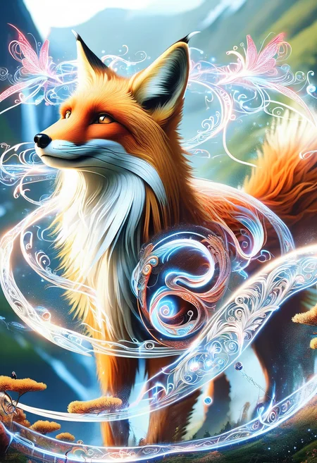 hyper detailed masterpiece, dynamic,awesome quality,DonM3lv3nM4g1cXL magic, ,manananggal, mythical creature, japanese folklore, intelligent, humanform with multiple foxtails to denote their age and power, fox ears, red face paint, white slim face, fantasy   <lora:DonM3lv3nM4g1cXL-v1.1-000006:1>