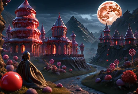 ((masterpiece)), ((best quality)), ultra-detailed, photorealistic, a girl sitting on a cliff, wearing a dark cape, gazing at a distant gothic grim castle, night time, large red moon illuminating the scene, dark medieval fantasy tone, desolate and lovecraftian landscape, eerie atmosphere, dramatic lighting, misty valleys, magic in the air, tragic and fantastical vibe, shadows cast over the land, intricate textures, high resolution, haunting beauty, cinematic composition.castle, dark, chiaroscuro, low-key, DarkFantasy, Dark Fantasy page,castle, Candy, Land, Candy Land, Candy, Candy shapes