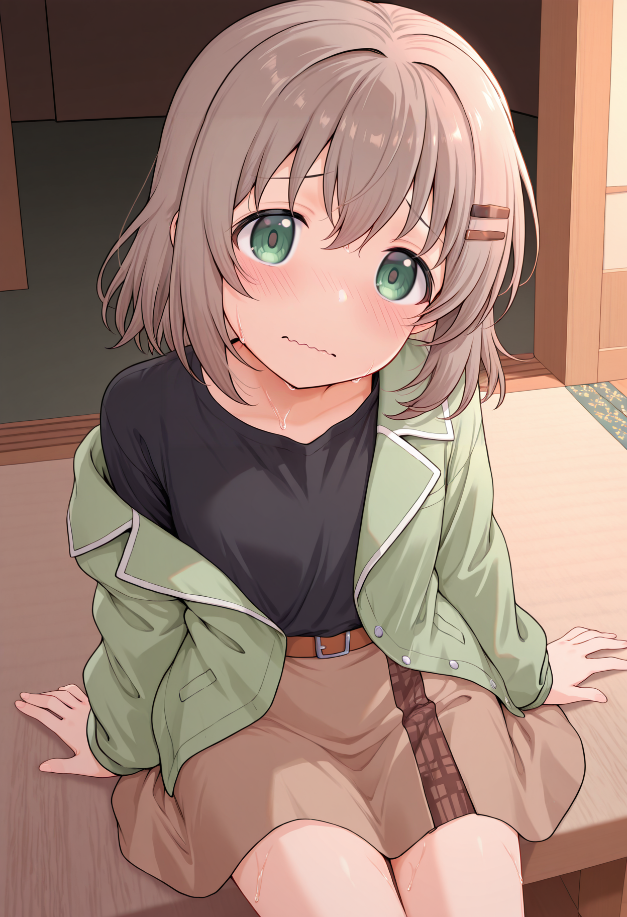 highres, best quality, masterpiece, indoors,
1girl, solo, yukimura aoi, 
green jacket, black shirt, brown skirt,
looking at viewer, blush, wavy mouth, sweat,
sitting, arm support, head tilt,
 <lora:_onib-sty-elesico-ilxl-40:1>