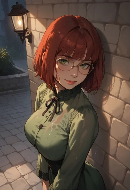 score_9,score_8_up,score_7_up,score_6_up,score_5_up, masterpiece, best_quality, ultra-detailed, from above, face focus
BREAK 
1girl, solo, short red hair, bangs, green eyes, aviator glasses, large breasts, standing, smiling, green victorian dress, leaning against wall, wet hair, wet skin
BREAK
garden, stone wall, cobblestones, ivy, night, gaslight lamps, fog, shadows, candlelight, (dim light:1.4), raining