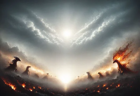 cinematic_photo, mad-abvthclds, clouds, mad-embr, fire, (giant_flaming_dragon:1.25) in the distance, (group_of_knights in the foreground:1.5), ominous, dark, chiaroscuro, low-key,