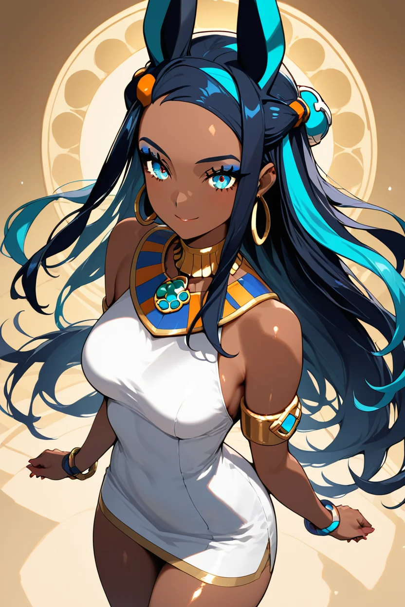 score_9, score_8_up, score_8, medium breasts, (curvy), cute, eyelashes,       ,,, aaAnuNessaCitron, blue eyes, eyeshadow, animal ears, black hair, blue hair, hair bun, long hair, multicolored hair, two-tone hair, dark skin, forehead, sidelocks,  dress, bare shoulders, jewelry, earrings, white dress, armlet, hoop earrings, bracelet,  <lora:AnubisNessaPDXL:1.0>, from above, dynamic pose, cowboy shot, smile, looking at viewer, shiny skin, embedding:zPDXL, Expressiveh, <lora:SDXLFaeTastic2400:0.5>,  <lora:Expressive_H-000001:0.4>,