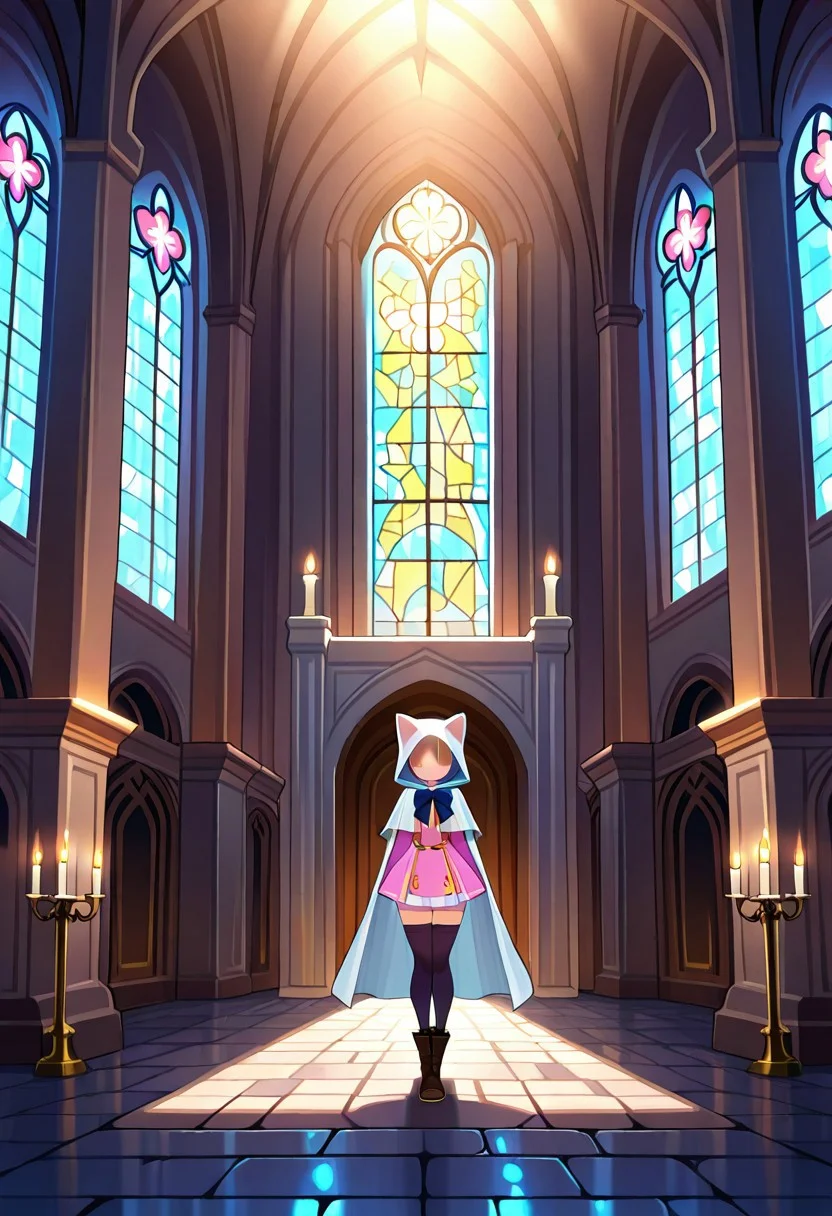 masterpiece, best quality, amazing quality, newest, ,Devout_cos,cat hood,pink dress,white cape,bow,skirt,staff,thighhighs,boots,gothic church interior, stone floor, candlelit corridor, stained glass windows, soft god rays, solemn atmosphere, fantasy setting,afkArenaStyle