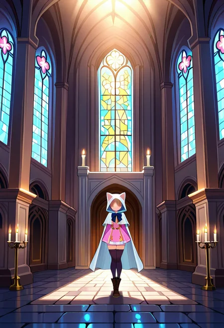 masterpiece, best quality, amazing quality, newest, ,Devout_cos,cat hood,pink dress,white cape,bow,skirt,staff,thighhighs,boots,gothic church interior, stone floor, candlelit corridor, stained glass windows, soft god rays, solemn atmosphere, fantasy setting,afkArenaStyle