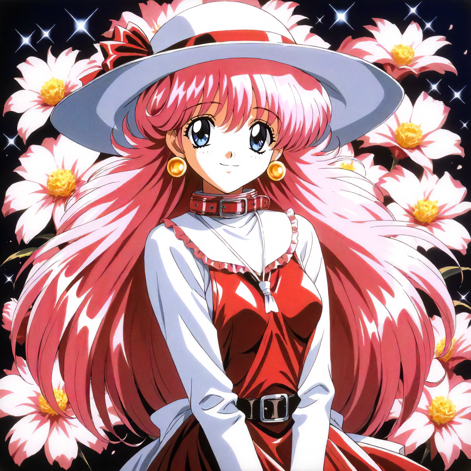<lora:RC_sill_plainXLanimagine001>,
masterpiece,high score,great score,absurdres,
flower background,glitter,
smile,
looking at viewer,
solo,
anime coloring,retro artstyle,1990s (style),
sill_plain\(rance_series\),1girl,pink hair,long hair,blue eyes,earrings,
white hat,hat ribbon,
belt collar,
frill trim,white shirt,long_sleeves,red dress,wide collared dress,
cowboy shot,
standing,