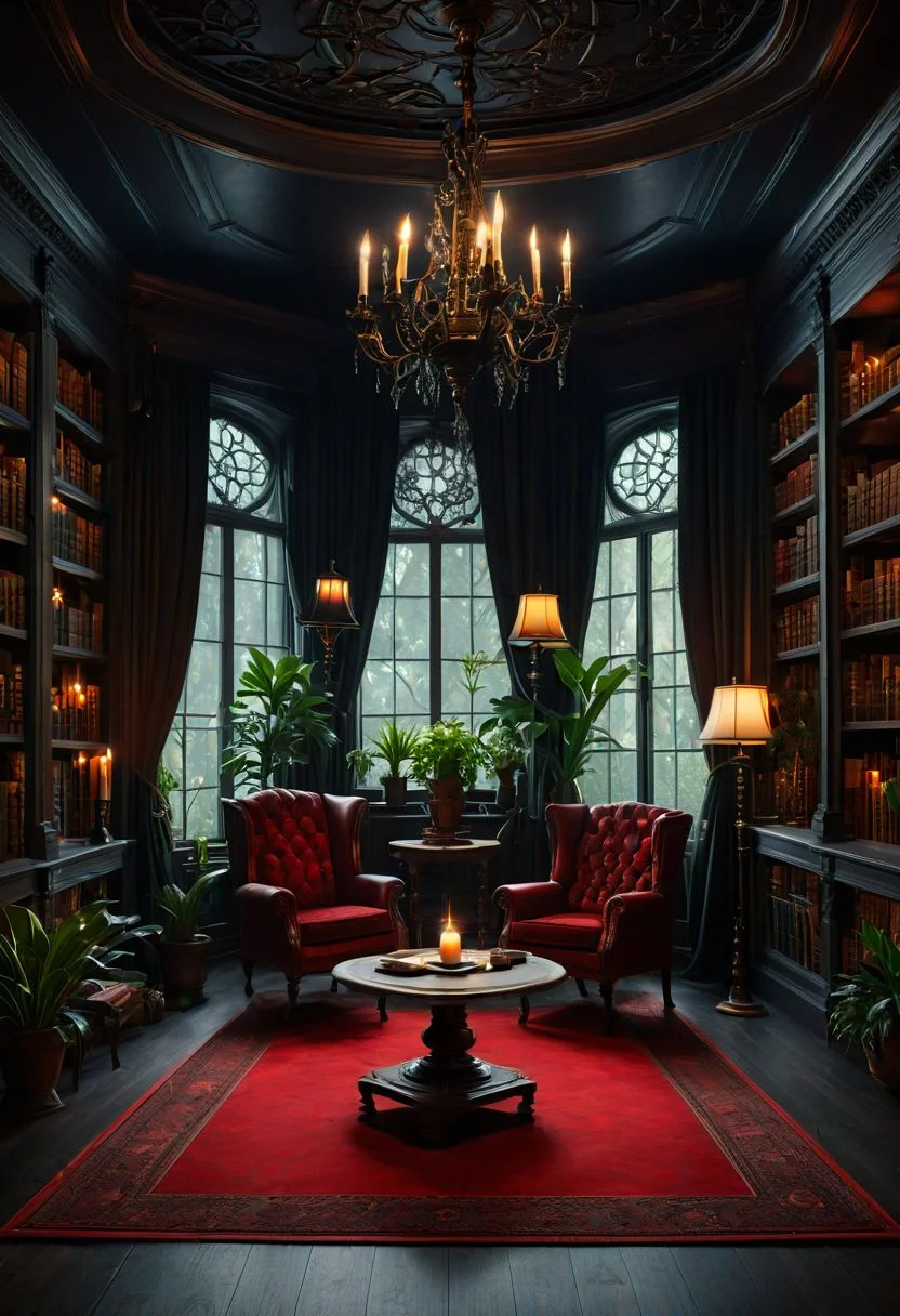 ((masterpiece, best quality)), high resolution, highly detailed, 32k picture, realistic, professional photo, Dark Academia, indoors, dark theme, tree, no humans, window, chair, table, plant, lamp, candle, library, red carpet, candlestand, chandelier, books,