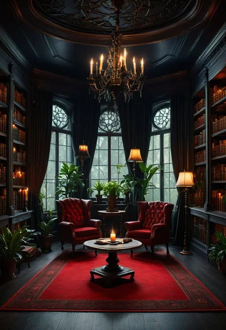 ((masterpiece, best quality)), high resolution, highly detailed, 32k picture, realistic, professional photo, Dark Academia, indoors, dark theme, tree, no humans, window, chair, table, plant, lamp, candle, library, red carpet, candlestand, chandelier, books,
